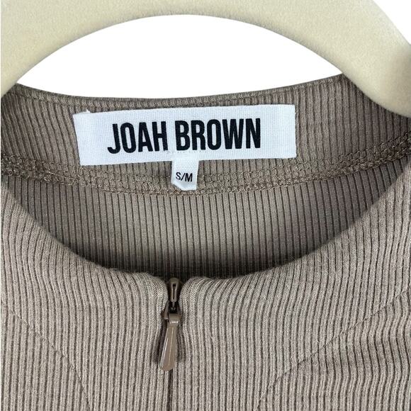Joah Brown Invisible Zip Long Sleeve Top Ribbed Stretch Taupe Flexrib Size S/M - Picture 11 of 13